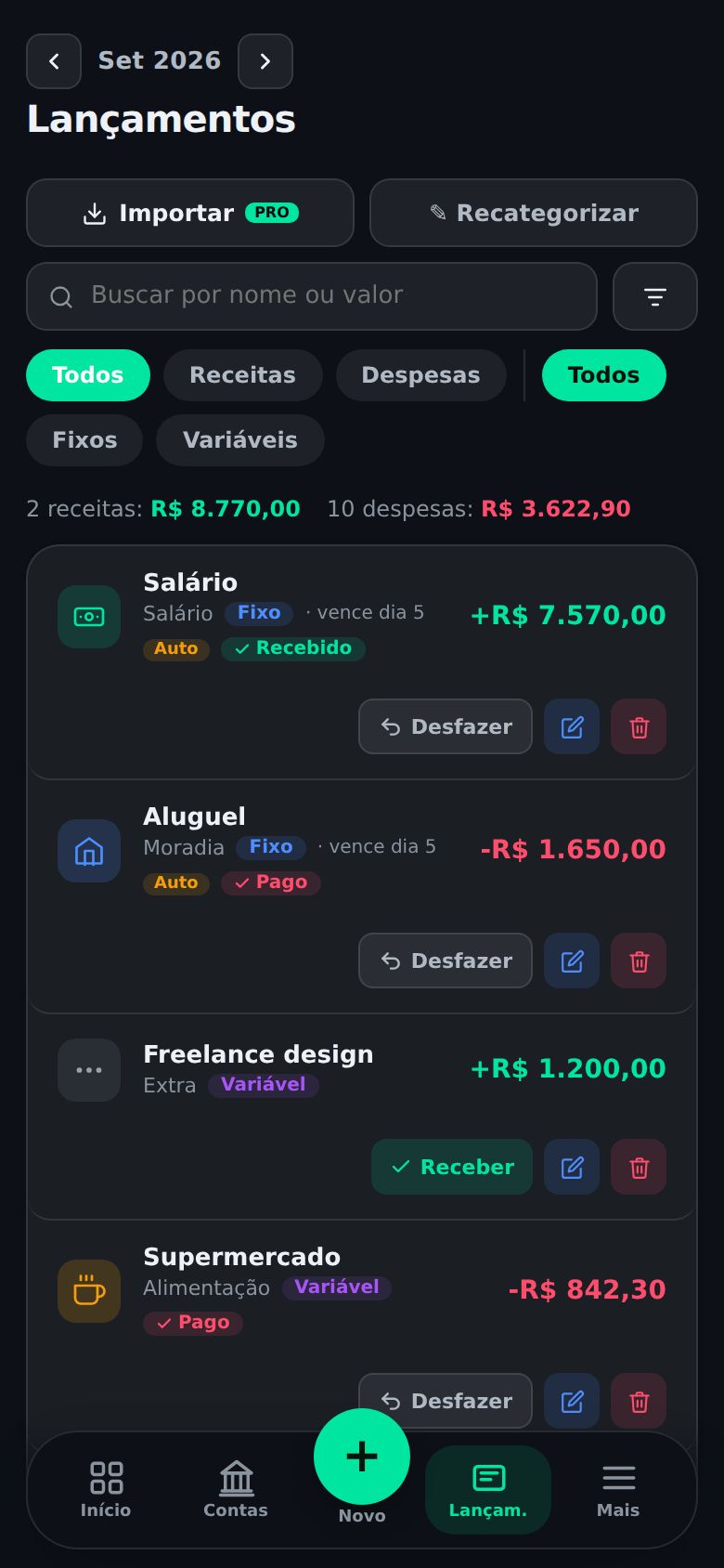 Lançamentos do Tem Saldo no celular