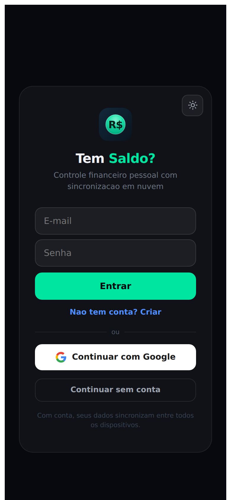 Tela de login do Tem Saldo