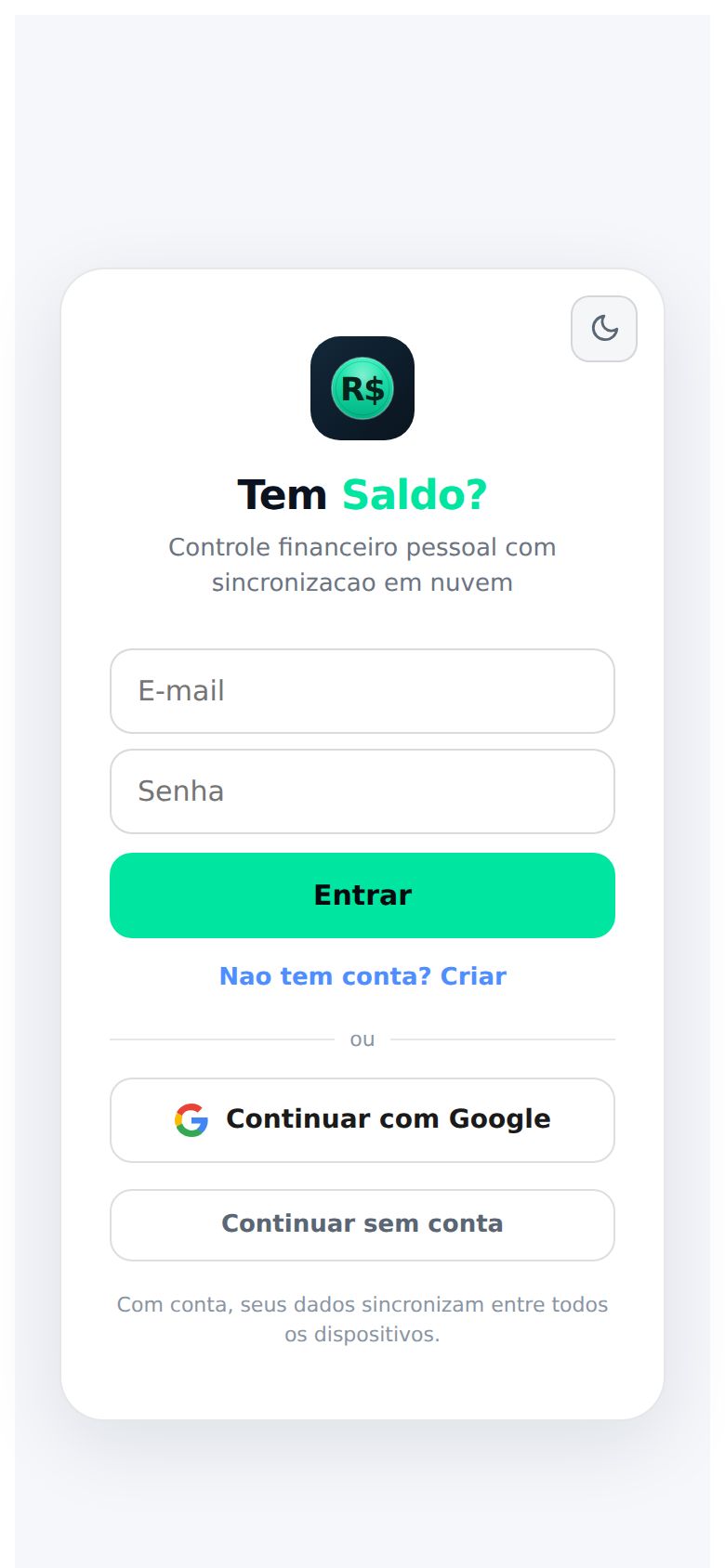 Tela de login do Tem Saldo